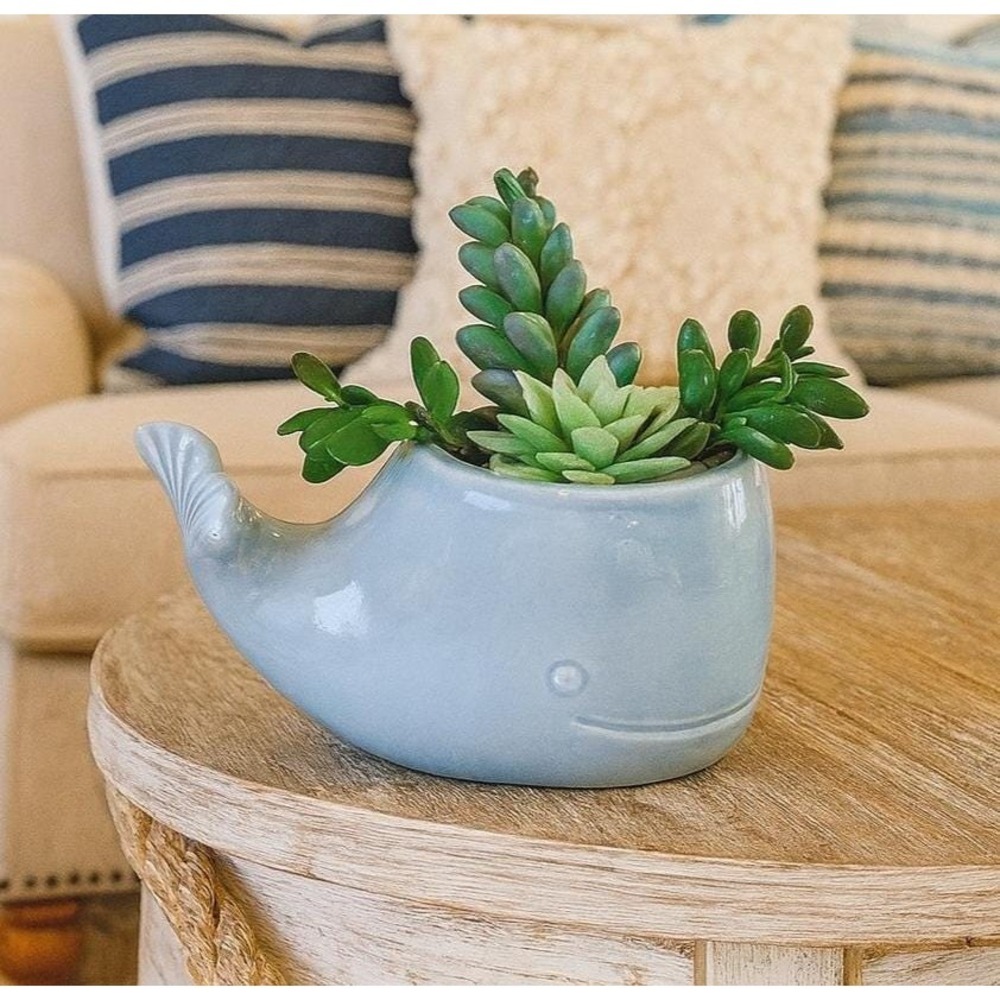 Vintage Whale Planter Blue Ceramic Coastal Decor Succulent
